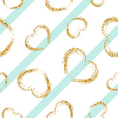 Gold heart seamless pattern. White-blue geometric stripes, golden grunge confetti-hearts. Symbol of love, Valentine day holiday. Design wallpaper, background, fabric texture. Vector illustration