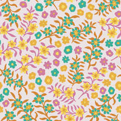 Pink blooming meadow seamless small-scale floral pattern background