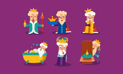 Set of funny king with different emotions. Old man with golden crown. Flat vector for postcard or children book