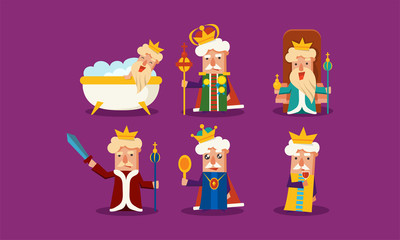 Flat vector set of king in different situations standing with staff and sword, sitting on throne, taking bath, drinking wine, looking in mirror