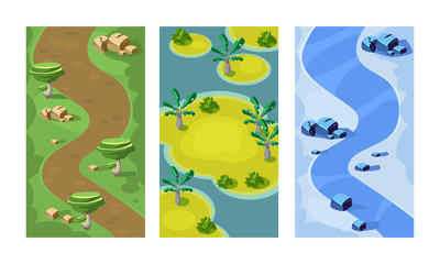 Flat vector set of 3 vertical backgrounds for mobile game. Seamless scenes with forest path, sandy islands and river
