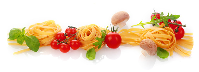 Panorama banner of fresh healthy pasta ingredients
