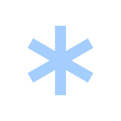 Snowflake icon. Blue silhouette snow flake sign, isolated on white background. Flat design. Symbol of winter, frozen, Christmas, New Year holiday. Graphic element decoration. Vector illustration