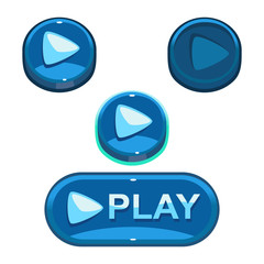 Cartoon vector blue game play buttons, push and hover animation states