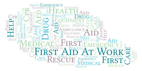 Obraz premium First Aid At Work word cloud, made with text only.