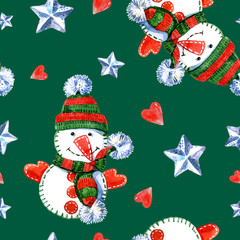 Christmas seamless pattern of holiday decor, snowman toys and decorations. Watercolor holiday illustration.