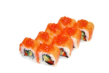 Roll with caviar of salmon. Sushi with caviar of flying fish. Japanese food on a beautiful dish.