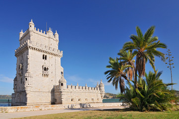 Fototapeta na wymiar Belem Tower, fortified tower located in the civil parish of Santa Maria de Belem in Lisbon, Portugal.