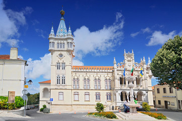 Fototapeta na wymiar Town Hall of Sintra (Camara Municipal de Sintra), remarkable building in Manueline style of architecture, on site of old Chapel of St. Sebastian, Portugal.