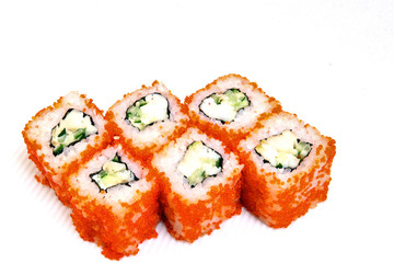 Sushi. Rolls with shrimp. Roll California with avocado. Japanese food. Healthy food is nicely laid out on a platter.