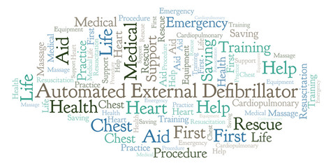 Automated External Defibrillator word cloud, made with text only.