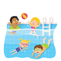 Children swimming in pool underwater and play toy