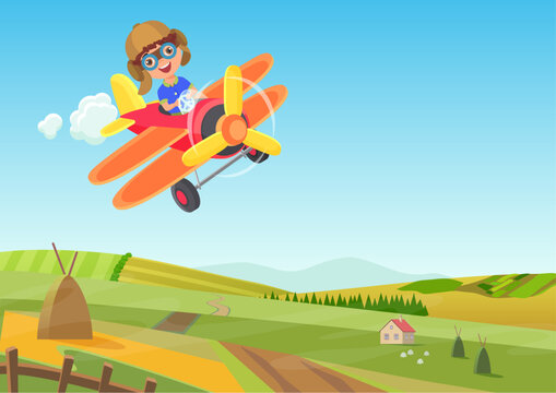 Cute little boy flying in airplane above the fields. Funny flying airplane cartoon vector illustration.