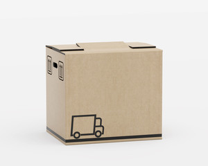 Ein Umzugskarton geschlossen - mit Symbolen - Icon Lkw Umzugswagen - freigestellt