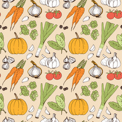 Vegetable vector seamless pattern, hand drawn food background with: tomato, carrot, pumpkin, onion, broccoli, leek, garlic, herbs