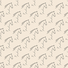 Seamless pattern with black horses, beige background. Realistic vector illustration.