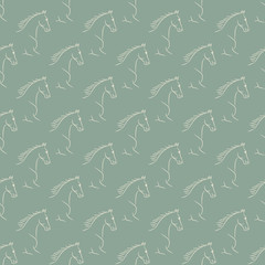 Seamless pattern with beige horses, green background. Realistic vector illustration.