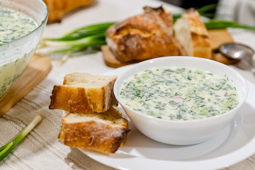 Traditional Cold Soup Okroshka with cucumber, sausage, potatoes, eggs, greens and sour cream.