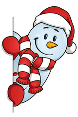 Funny snowman hiding behind the blank. Vector illustration. Christmas Theme.