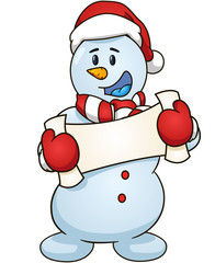 Cartoon snowman holding empty blank. Vector clip art illustration simple gradients