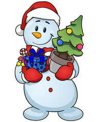 Cartoon snowman holding Christmas tree and gifts. Vector clip art illustration simple gradients