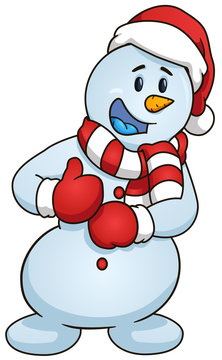 Cartoon snowman giving the thumbs up. Vector clip art illustration with simple gradients.
