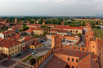 Montagnana, Italy - August 24, 2018: Panoramic view of the city fortress from the tower.