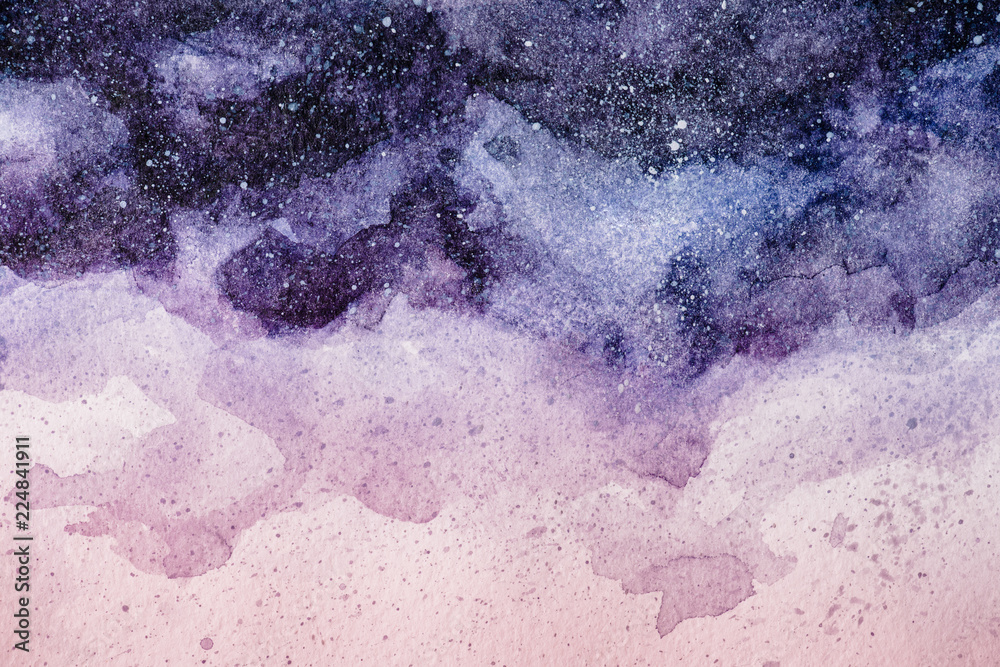 Sticker full frame image of night sky painting with purple and pink watercolor paints background