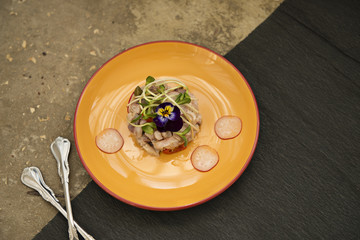 Ceviche served on a plate , Seafood ceviche , ceviche cebiche peruvian food , Mexican fish ceviche , Delicious ceviche , Onion, squid and coriander the main ingredients of this delicious ceviche
