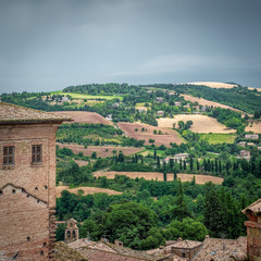 Fototapeta na wymiar View towards the countryside from the center of Urbino, Marche, Italy.