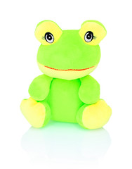 Neon green frog plushie toy isolated on white background with shadow reflection. Chartreuse frog doll isolated on white underlay. Plush stuffed puppet on white backdrop. Green and yellow tree frog.