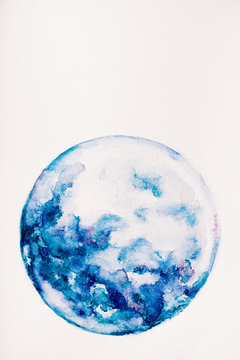 planet made of blue watercolor paint on white background