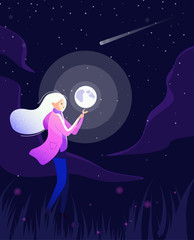 Girl with moon. Night magic mood poster.