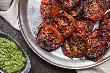 Roasted tomatoes , Oven roasted cherry tomatoes with oregano , Roasted Tomatoes with Garlic and Thyme , roasted cherry tomatoes with basil and garlic , Tahini, green sauce