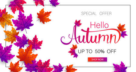 Autumn 50% sale promotion poster with beautiful maple leaves.