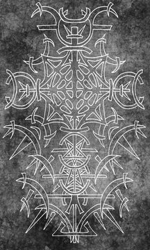 Back cover design of tarot card. White gothic pattern on gray texture background. Esoteric, occult and Halloween concept, illustration with mystic symbols 
