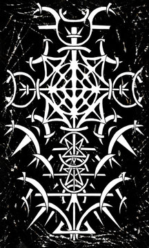Back cover design of tarot card. Gothic pattern on black grunge background. Esoteric, occult and Halloween concept, illustration with mystic symbols 