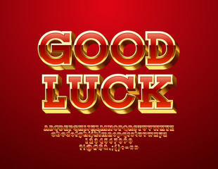 Vector Greeting Card with text Good Luck. Set of Glossy Alphabet Letters, Numbers and Punctuation Symbols. Red and Golden 3D Font.