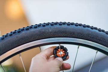 Technician centering bike wheel with dedicated spoke wrench - obrazy, fototapety, plakaty