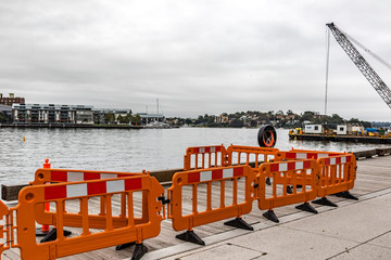 Construction barricades on city harbour