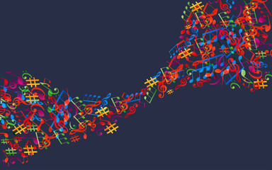 Naklejka premium Music background with colorful music notes and G-clef vector illustration design. Artistic music festival poster, live concert, music notes signs and symbols
