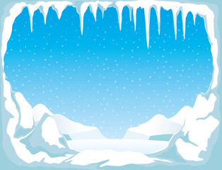 Ice with icicles and snow on a blue background. - obrazy, fototapety, plakaty