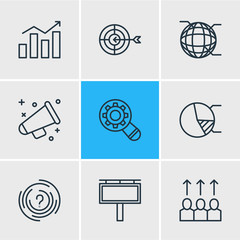 Vector illustration of 9 marketing icons line style. Editable set of globe, diagram, promotion and other icon elements.