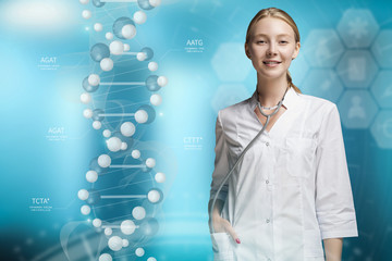Molecular Biology, Genetics and Medical Concept. An young woman doctor, scientist or biologist, is...