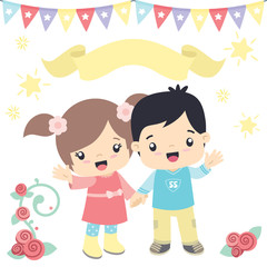 Cute Little Boy and Girl Holding Hands Birthday Festive Theme Design Elements Vector Illustration Isolated on White