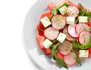 Plate with delicious watermelon salad on white background, closeup