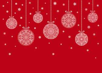 Christmas Balls hanging on red background snowflakes