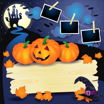Halloween background with pumpkins, sign and photo frames