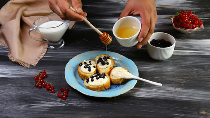 Sweet berry crostini sandwiches with cream cheese ricotta and honey by chef hand. Top view with copy space