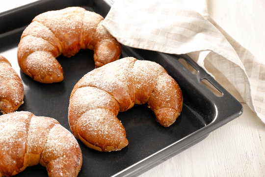 Fresh Crescent Rolls On Baking Tray, Closeup